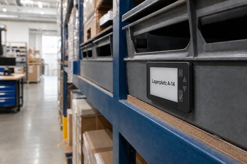 Black Ink Labels On Warehouse Shelving With New Sign