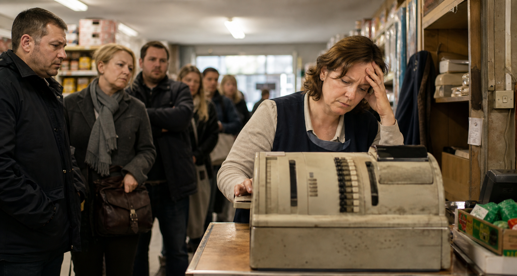 Frustrated Cashier With Long Customer Queue