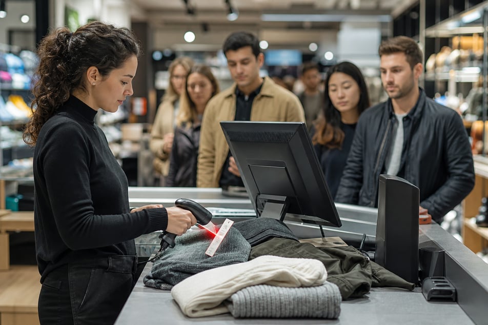 Person Queues At Sharp POS Scan Terminal