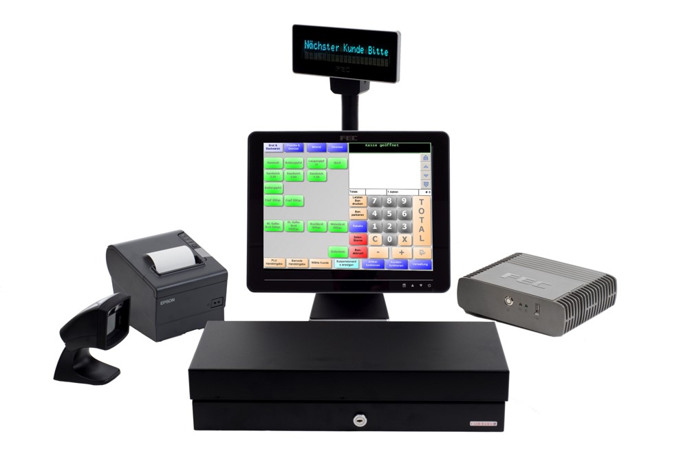 Caisse FEC complète avec écran tactile, imprimante étiquette, scanner, tiroir-caisse et affichage client